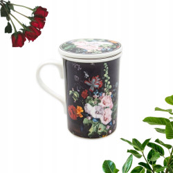 KUBEK porcelanowy z ZAPARZACZEM i POKRYWKĄ kwiaty CZARNY 320 ml Bella Fiore