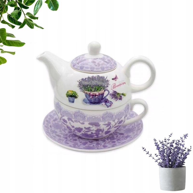 DZBANEK Z FILIŻANKĄ I SPODKIEM zestaw LAWENDA PORCELANA 450 ml BELLA FIORE