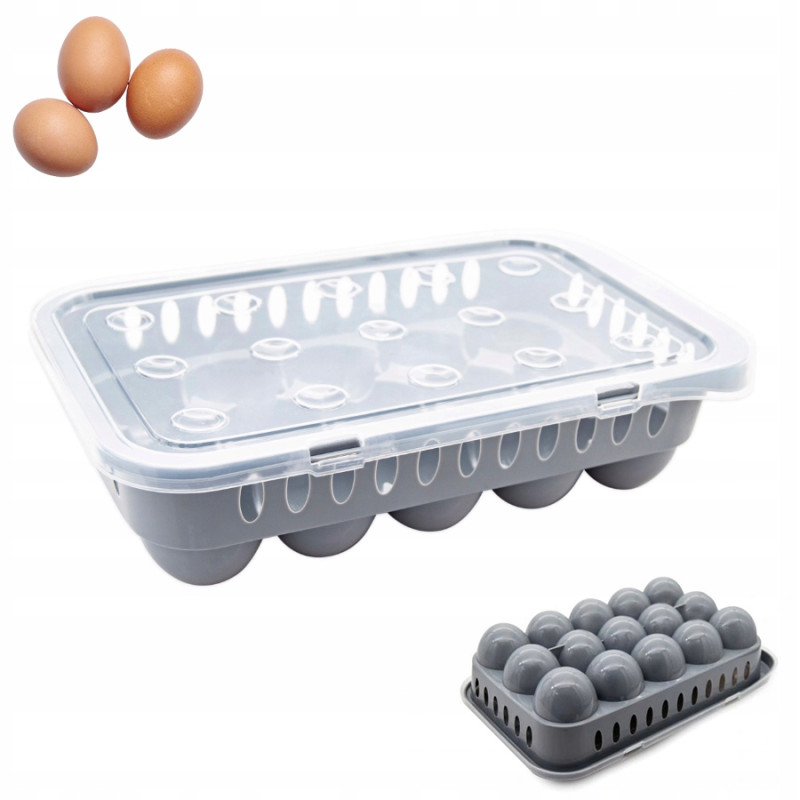 Plastikowy POJEMNIK organizer NA JAJKA do lodówki 15 JAJ 18 x 29 cm SZARY