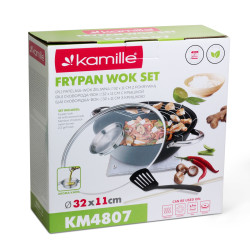 Żeliwny WOK 32 cm z pokrywą + RUSZT + PAŁECZKI + teflonowa ŁOPATKA Kamille