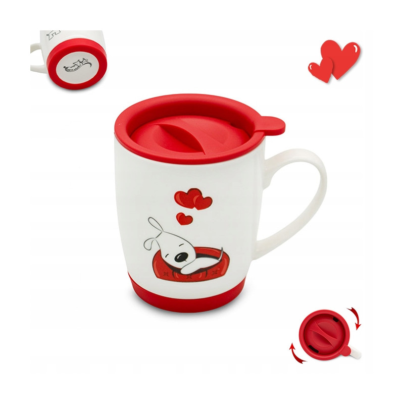 Porcelanowy KUBEK 440 ml Z POKRYWKĄ zamykany walentynki PIESEK Bella Fiore