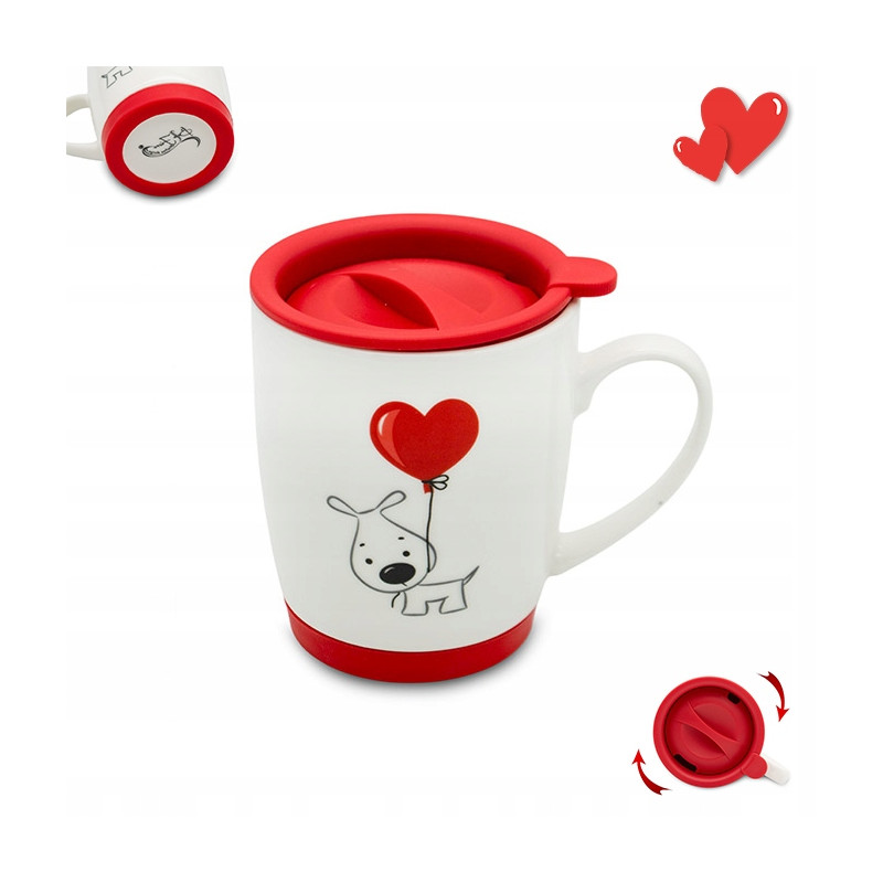 Porcelanowy KUBEK 440 ml Z POKRYWKĄ zamykany walentynki PIESEK Bella Fiore