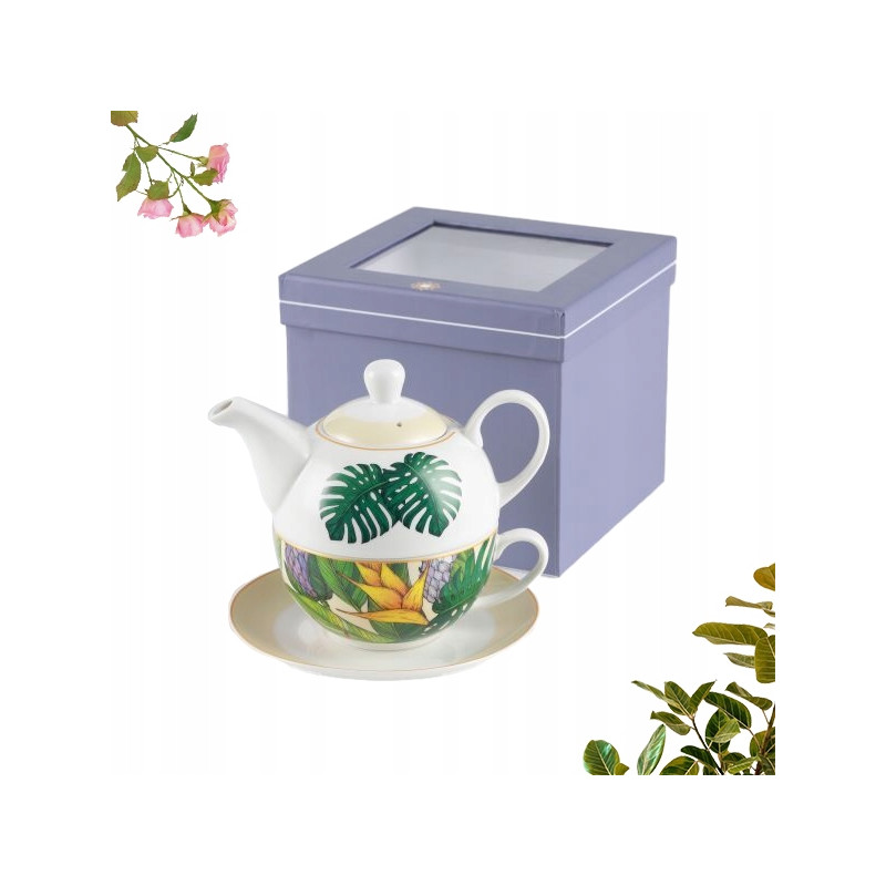 Porcelanowy DZBANEK 400 ml Z FILIŻANKĄ 250 ml SPODKIEM zestaw Divine LIŚĆ