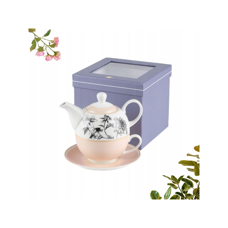 Porcelanowy DZBANEK 400 ml Z FILIŻANKĄ 250 ml SPODKIEM zestaw Divine KWIATY