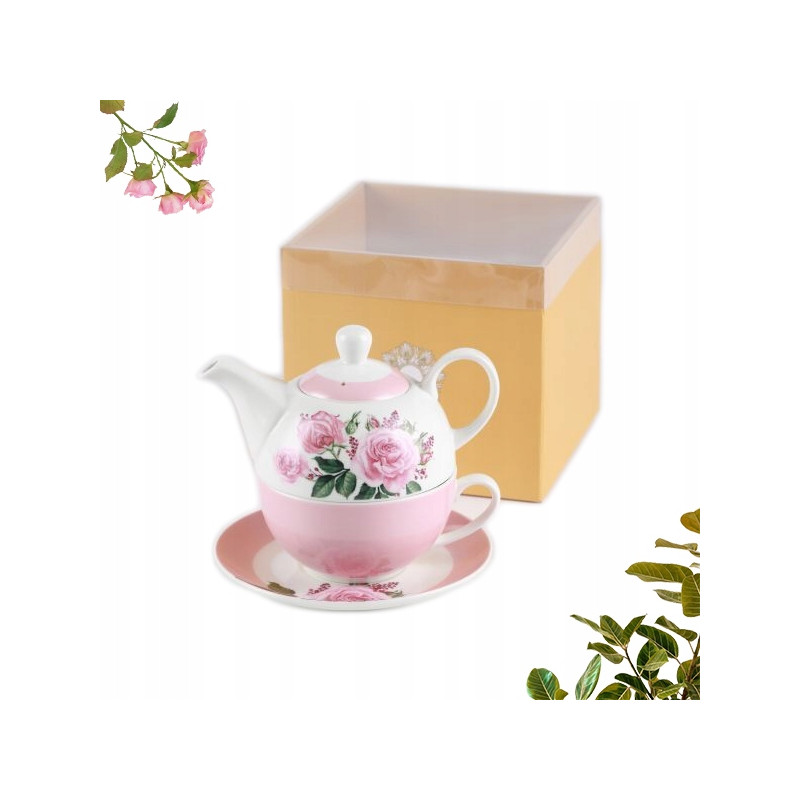 Porcelanowy DZBANEK 400 ml Z FILIŻANKĄ 250 ml I SPODKIEM zestaw Divine RÓŻA