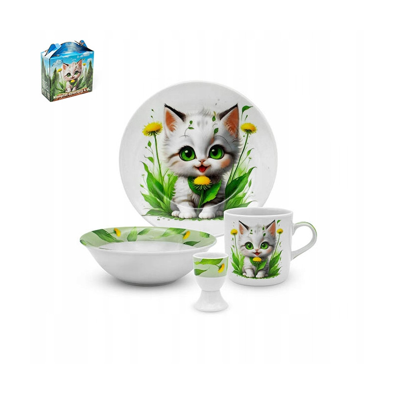 Porcelanowy KOMPLET OBIADOWY dla DZIECI 4 elementy Bella Fiore KOT