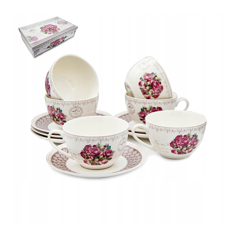 KOMPLET FILIŻANEK 270 ml z PODSTAWKAMI 6+6 12 el. Bella Fiore RÓŻE