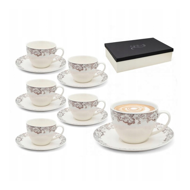 KOMPLET porcelanowych FILIŻANEK 230 ml z PODSTAWKAMI 6+6 12 el. Bella Fiore