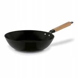 Żeliwny WOK 30 cm emaliowany z drewnianą rączką Hanoi Starke Pro CZARNY