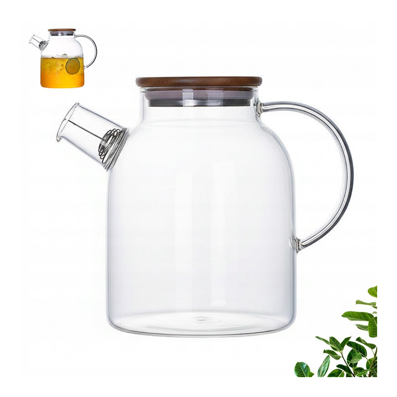 DZBANEK SZKLANY Z SITKIEM w dzióbku UCHWYTEM drewnianą pokrywką 1,8 l