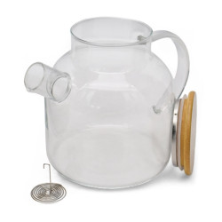 DZBANEK SZKLANY Z SITKIEM w dzióbku UCHWYTEM drewnianą pokrywką 1,8 l