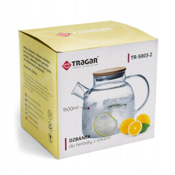 DZBANEK SZKLANY Z SITKIEM w dzióbku UCHWYTEM drewnianą pokrywką 1,5 l