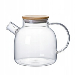 DZBANEK SZKLANY Z SITKIEM w dzióbku UCHWYTEM drewnianą pokrywką 1,5 l