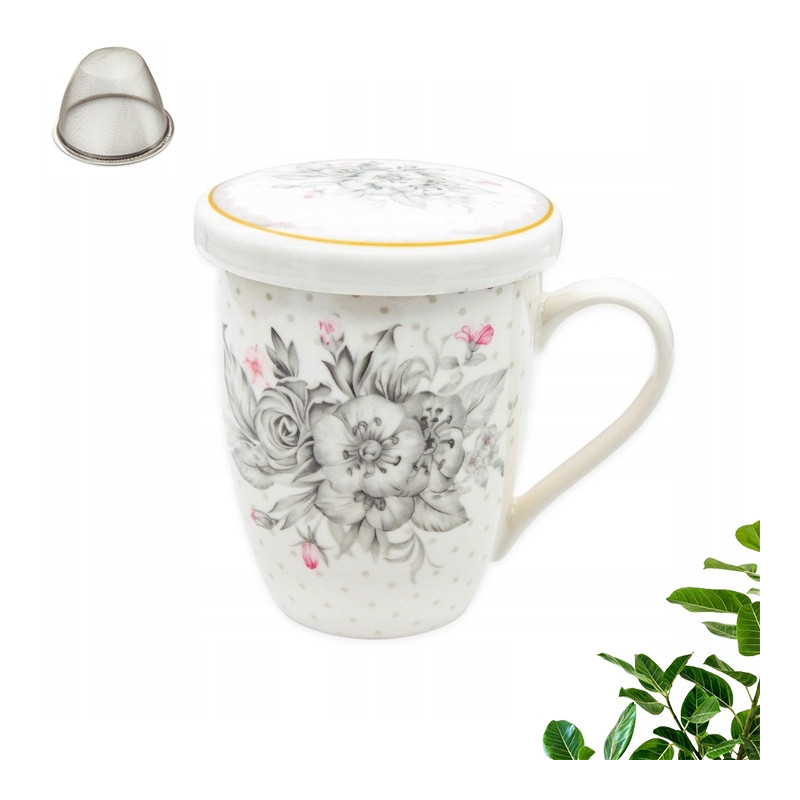 KUBEK porcelanowy z ZAPARZACZEM i POKRYWKĄ kwiaty BIAŁY 340 ml Bella Fiore