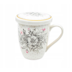 KUBEK porcelanowy z ZAPARZACZEM i POKRYWKĄ kwiaty BIAŁY 340 ml Bella Fiore