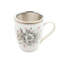 KUBEK porcelanowy z ZAPARZACZEM i POKRYWKĄ kwiaty BIAŁY 340 ml Bella Fiore