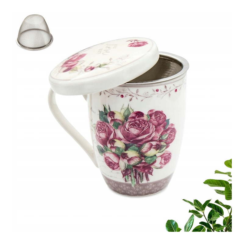 KUBEK porcelanowy z ZAPARZACZEM i POKRYWKĄ kwiaty RÓŻE 340 ml Bella Fiore