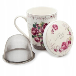 KUBEK porcelanowy z ZAPARZACZEM i POKRYWKĄ kwiaty RÓŻE 340 ml Bella Fiore