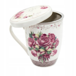 KUBEK porcelanowy z ZAPARZACZEM i POKRYWKĄ kwiaty RÓŻE 340 ml Bella Fiore