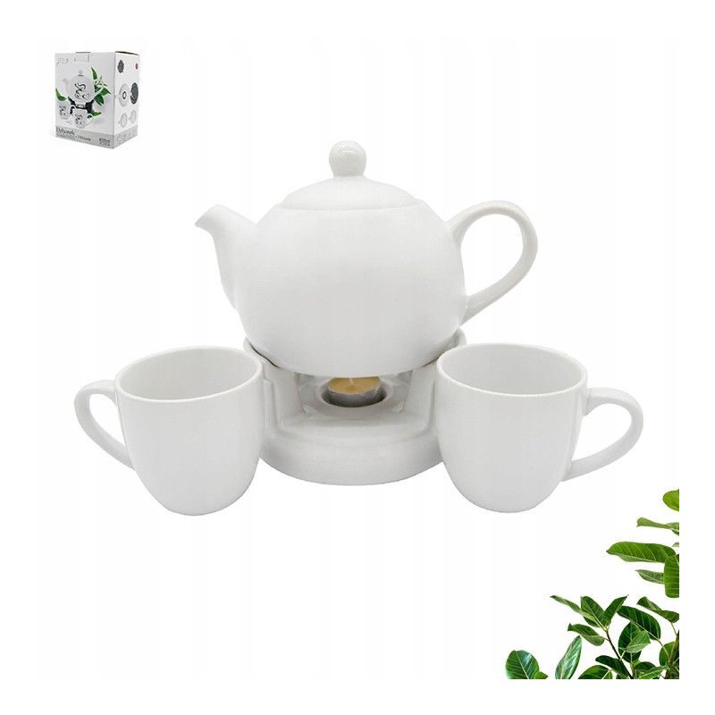 KOMPLET DZBANEK 1 L z PODGRZEWACZEM i dwoma KUBKAMI Bella Fiore BIAŁY