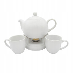 KOMPLET DZBANEK 1 L z PODGRZEWACZEM i dwoma KUBKAMI Bella Fiore BIAŁY