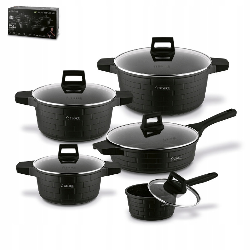 KOMPLET GARNKÓW z pokrywkami + PATELNIA + RONDEL 10 el Brick Marble Starke