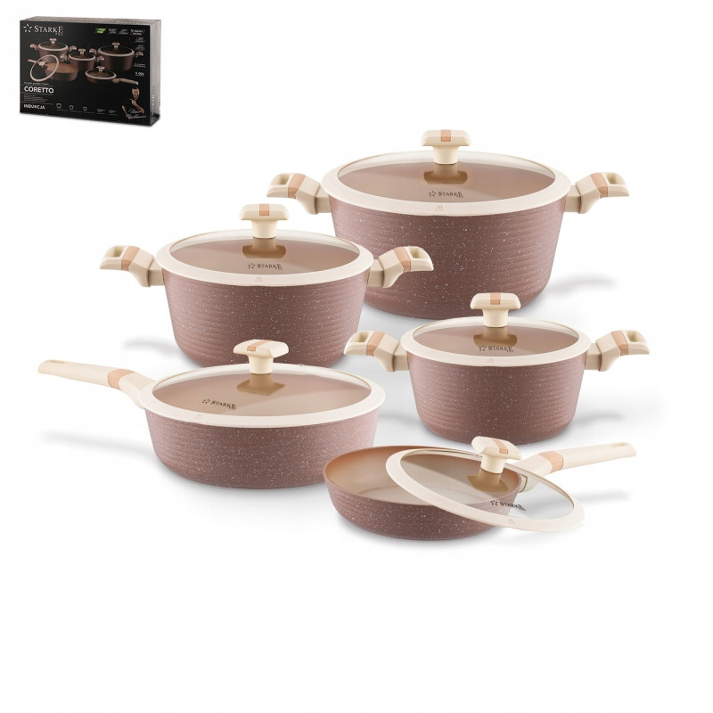 KOMPLET 3 szt. GARNKÓW z pokrywkami + 2x PATELNIA 10 el Coretto Starke Pro