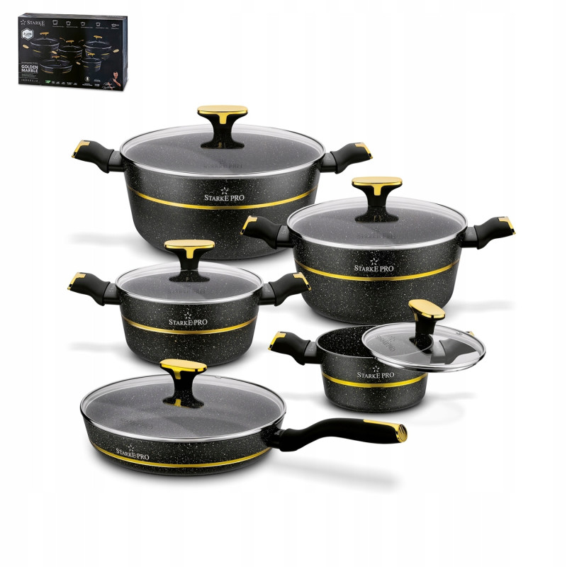 KOMPLET 4 szt GARNKÓW z pokrywami + PATELNIA 10 el Golden Marble Starke Pro