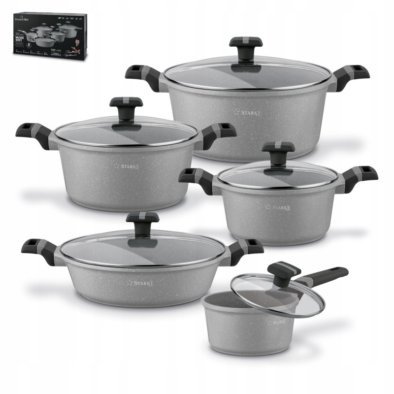 KOMPLET 3 GARNKÓW z pokrywkami + RONDEL + PATELNIA 10 el Musse Grey Starke