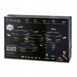 KOMPLET 4 szt GARNKÓW z pokrywami + PATELNIA 10 el Golden Marble Starke Pro