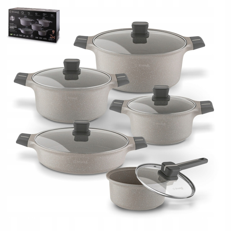 KOMPLET 3 GARNKÓW pokrywy + RONDEL + PATELNIA 10 el Stoneware Marble Starke