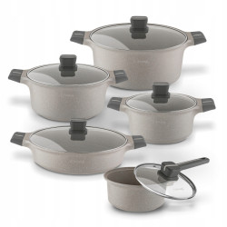 KOMPLET 3 GARNKÓW pokrywy + RONDEL + PATELNIA 10 el Stoneware Marble Starke