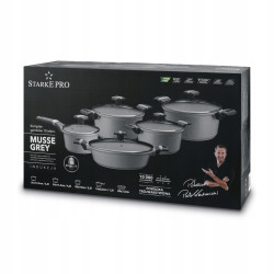 KOMPLET 3 GARNKÓW z pokrywkami + RONDEL + PATELNIA 10 el Musse Grey Starke