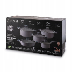 KOMPLET 3 GARNKÓW pokrywy + RONDEL + PATELNIA 10 el Stoneware Marble Starke