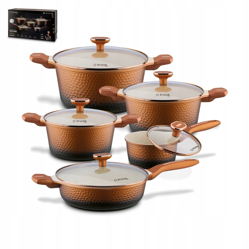 KOMPLET 3 GARNKÓW pokrywy + RONDEL + PATELNIA 10 el Texture Copper Starke